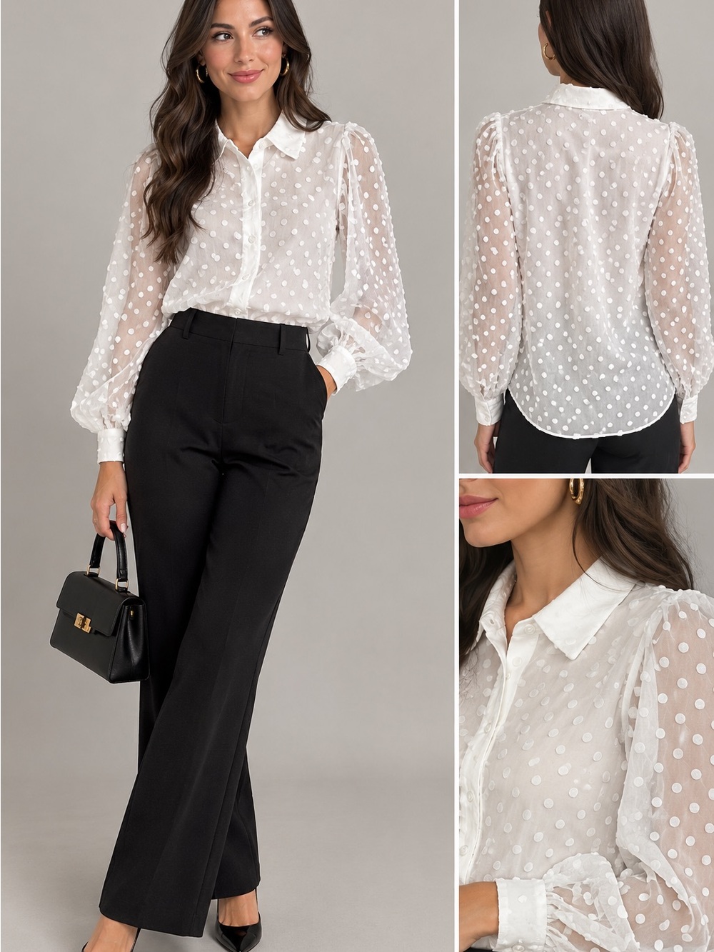 H&M Sheer White Swiss Dot Organza Puff Sleeve Blouse Size XS